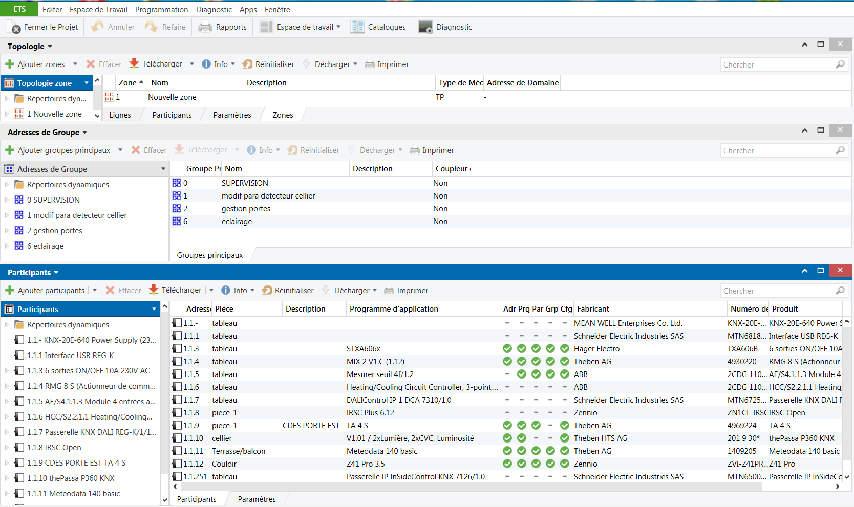 Vue de configuration réseau KNX sous ETS5
